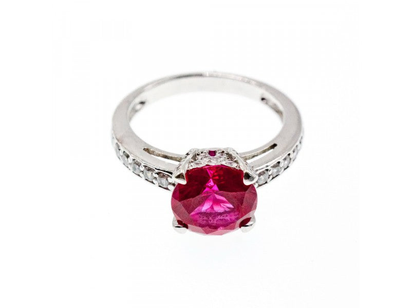 925 Sterling Silver Pink Topaz & CZ Ring Size 7