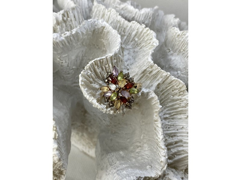 925 Sterling Silver Gold Plated Multi Gemstones "Flower" Ring Size 8