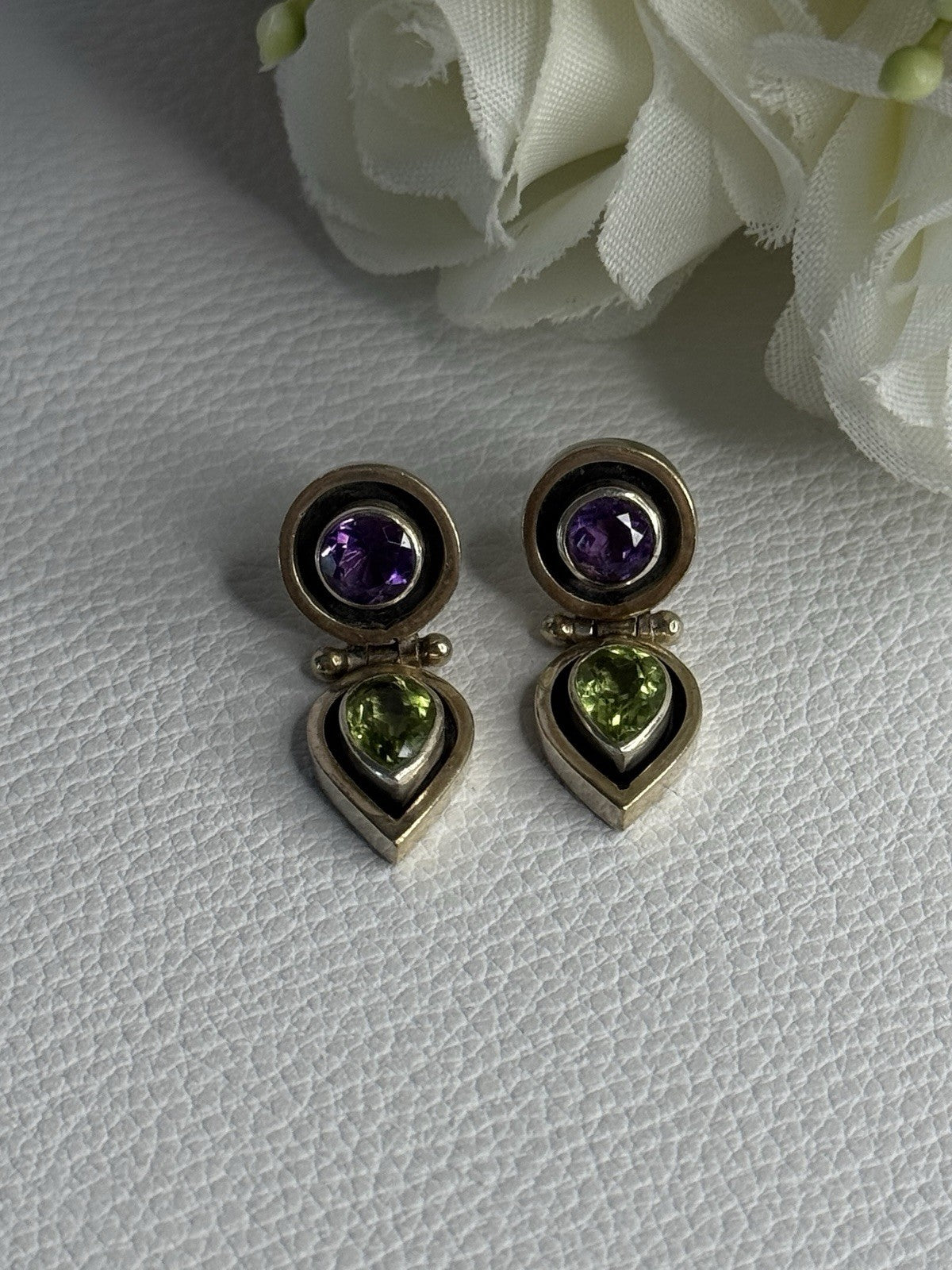 925 Sterling Silver Amethyst & Peridot Earrings Length 1 Inch
