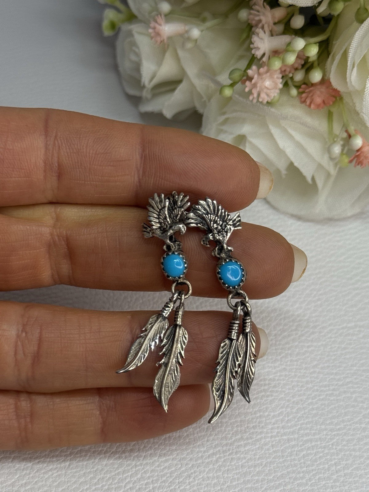 Navajo Flying Eagle 925 Sterling Silver Turquoise Earrings Length 1.60 Inch