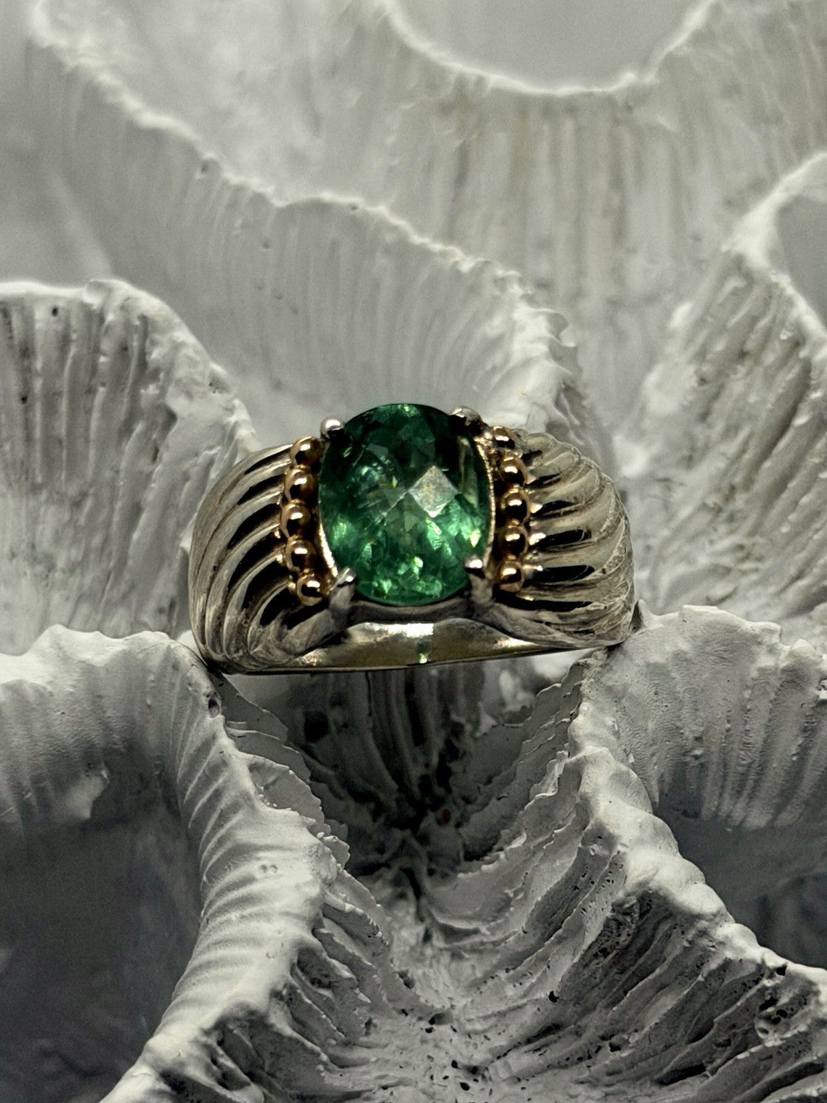 925 Sterling Silver & 14K Yellow Gold Accent Emerald Ring Size 7