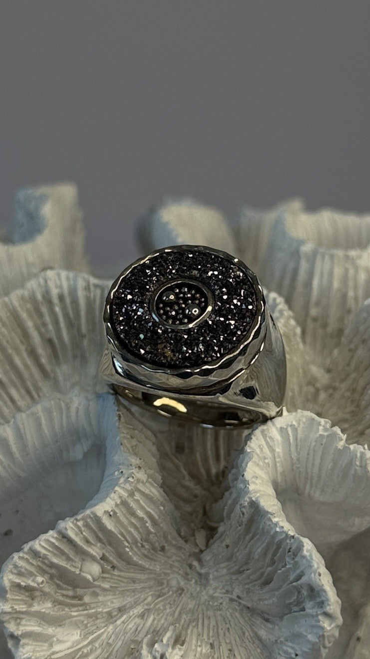 Michael Dawkins Starry Night 925 Sterling Silver Black Druzy Quartz Ring Size 9