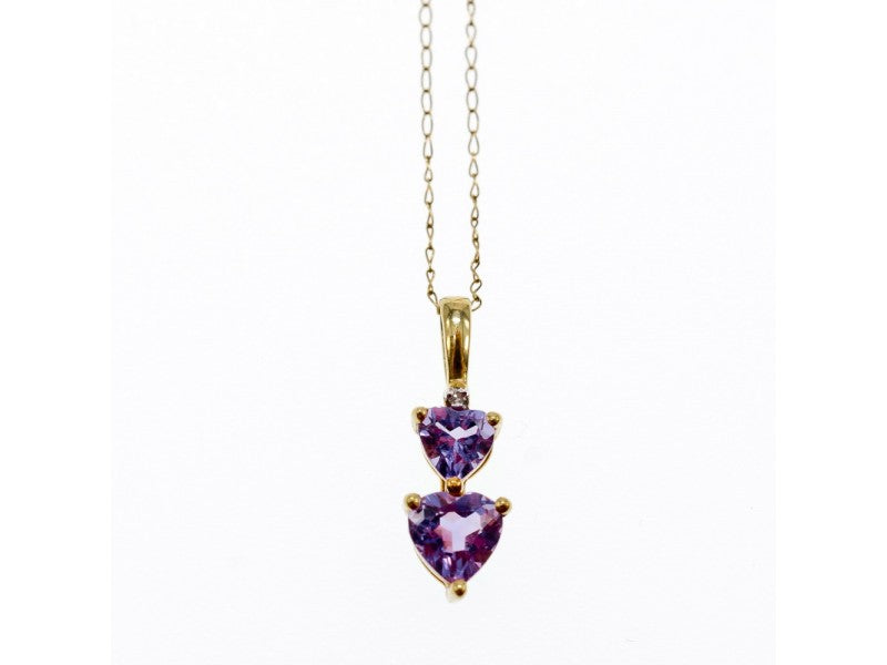 10K Yellow Gold Amethyst & Diamond Hearts Chain With Pendant