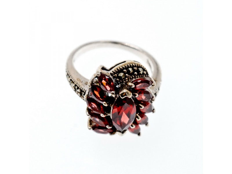925 Sterling Silver Spessartine & Marcasites Ring Size 6.5