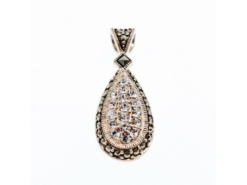 925 Sterling Silver CZ & Marcasite Drop Pendant