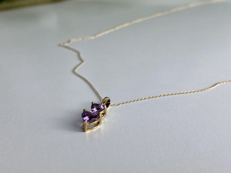 10K Yellow Gold Amethyst & Diamond Hearts Chain With Pendant