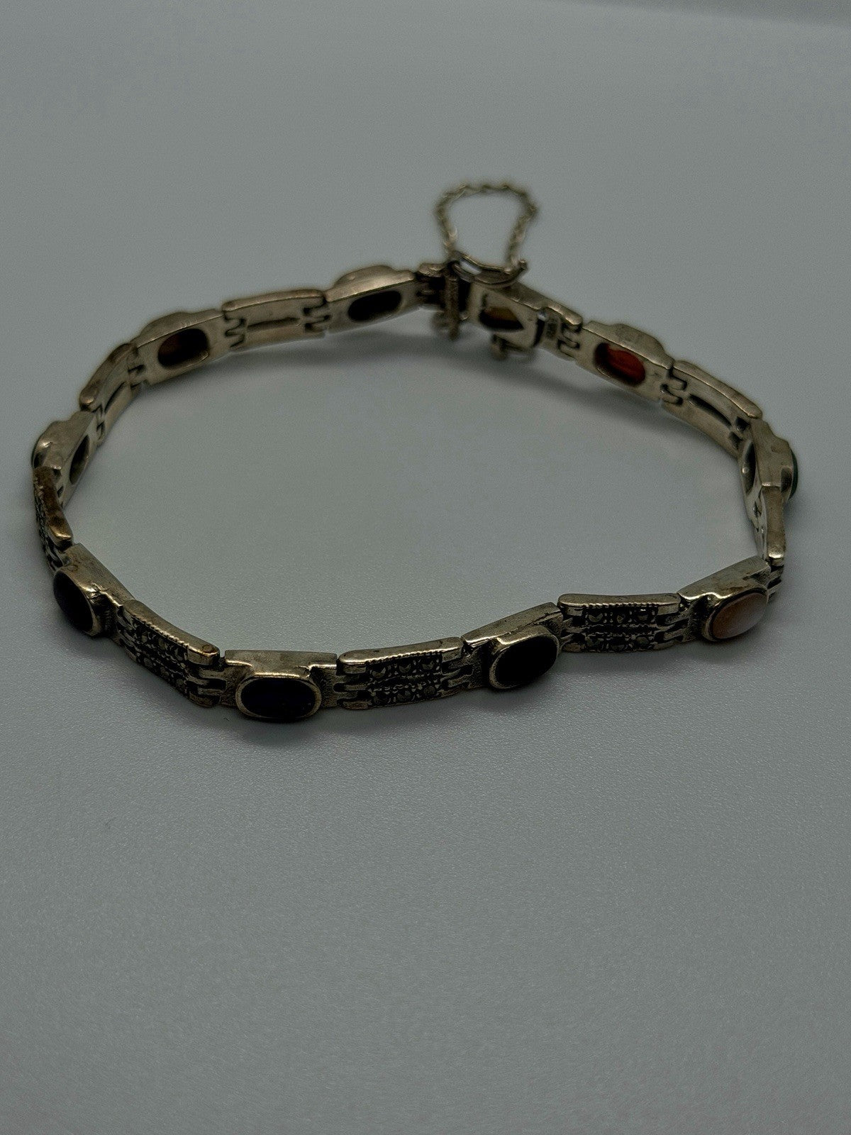 Vintage Marcasite Link Design 925 Sterling Silver MultiStone Bracelet Adjustable