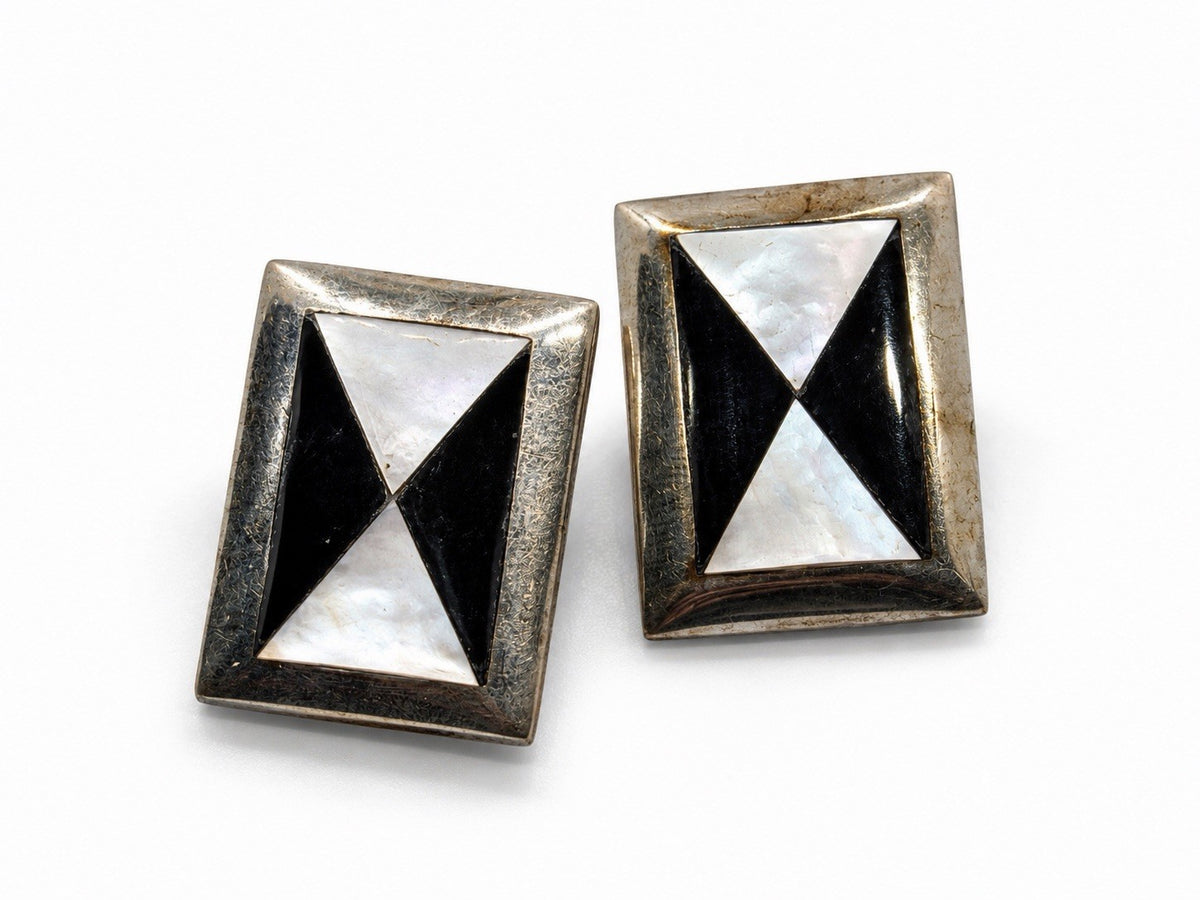 925 Sterling Silver Black Onyx & Mother of Pearl Geometric Rectangle Earrings
