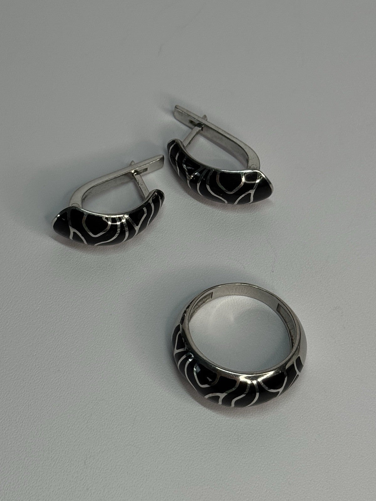 925 Sterling Silver Enamel Ring & Earrings Set Size 9