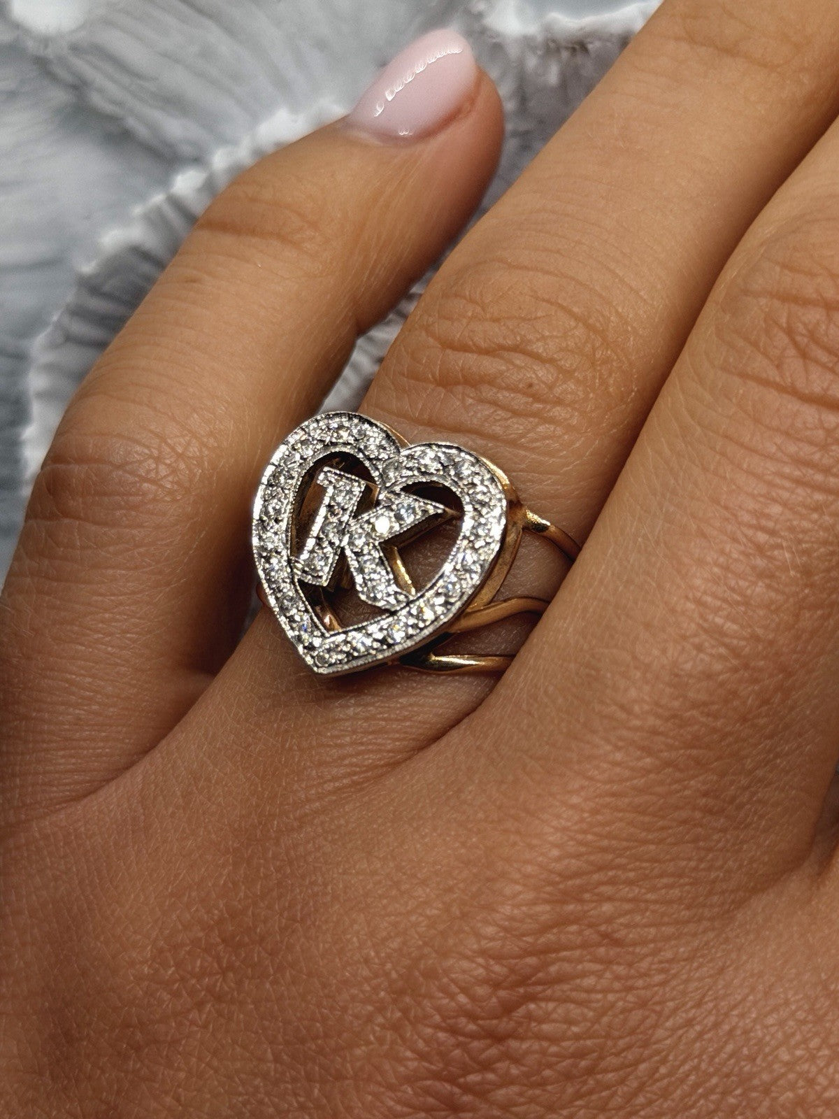 14K Yellow Gold And Diamond Letter ''K'' Heart Ring Size 8.25 Cocktail Estate