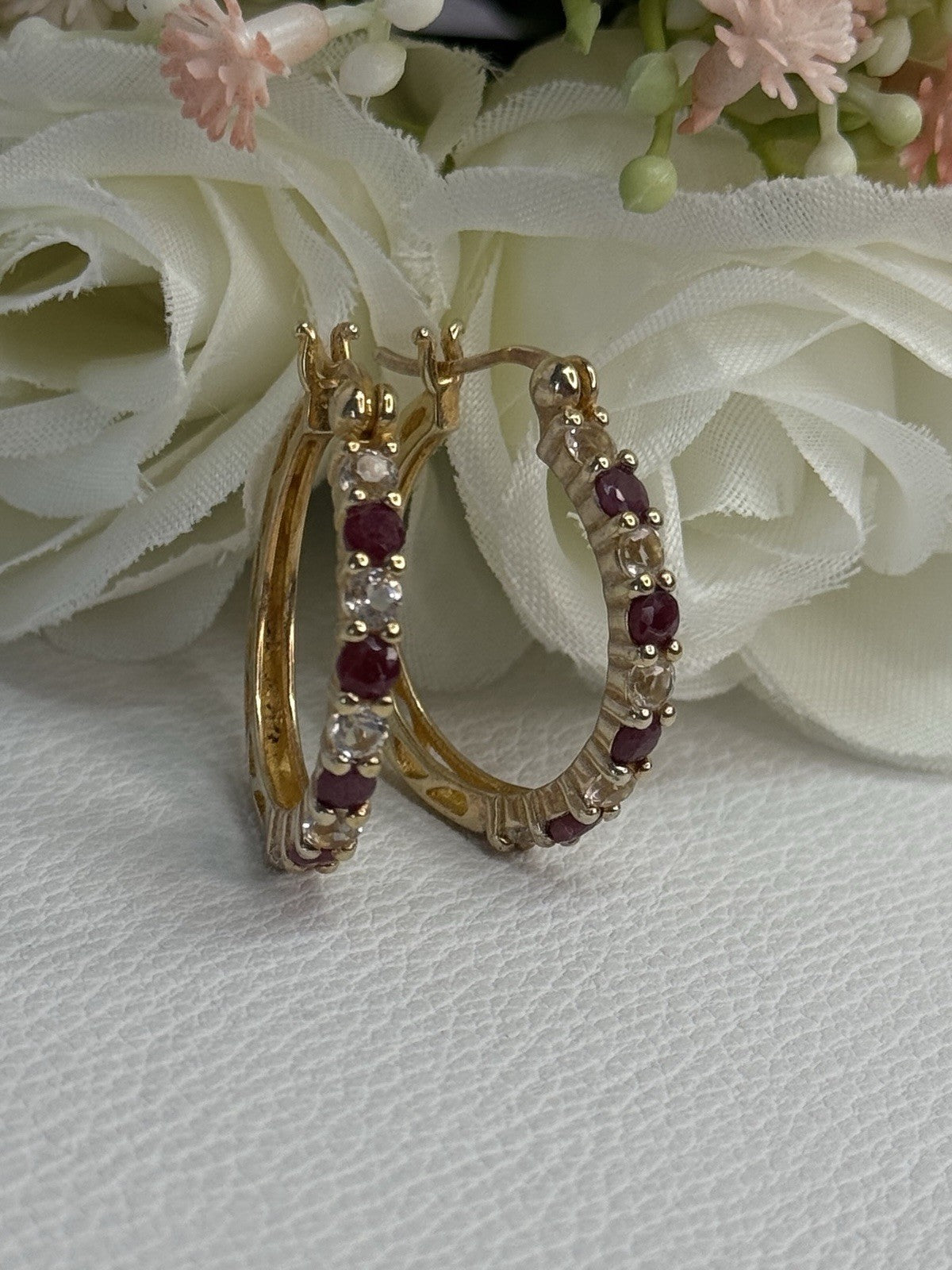 925 Sterling Silver Gold Plated Ruby & Beryl Earrings Length 1.10 Inch