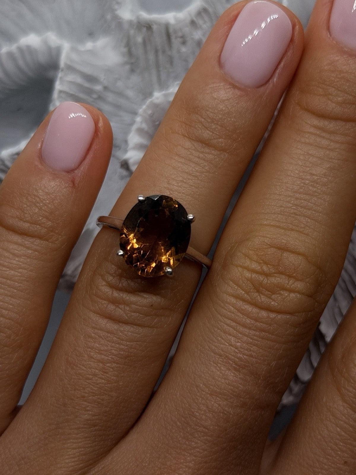 925 Sterling Silver Golden Cognac Brown Smoky Quartz Ring Size 6