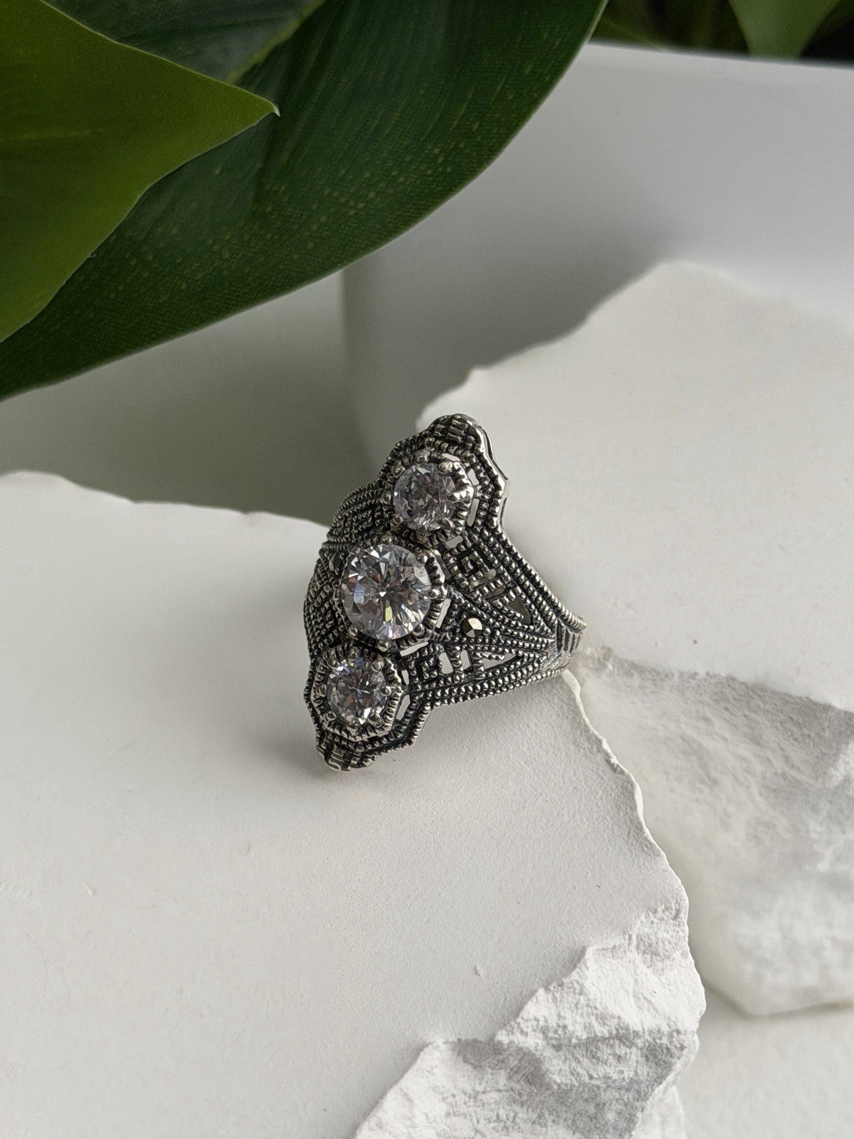 Vintage 925 Sterling Silver Cz & Marcasite Ring Size 6