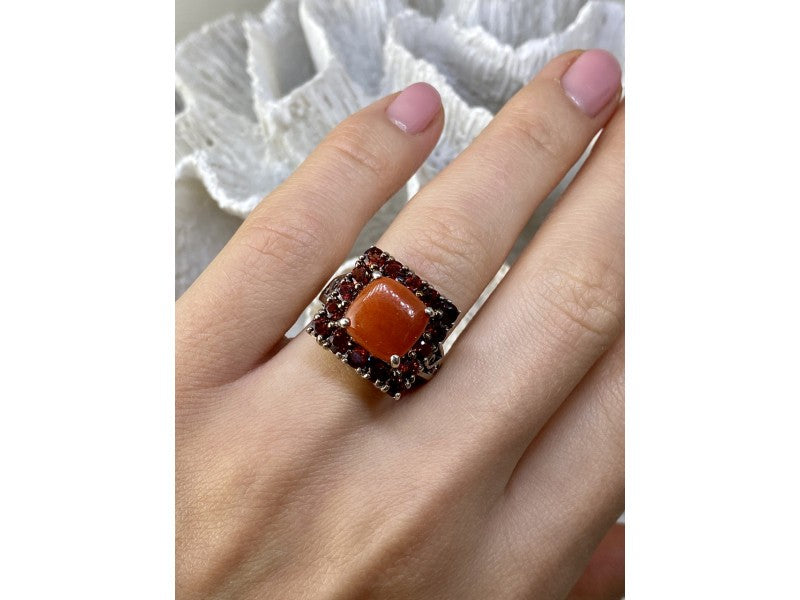 925 Sterling Silver Amber & Garnet Ring Size 8.5