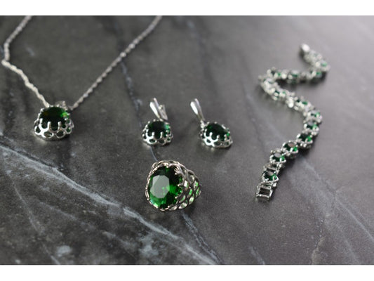 925 Sterling Silver Green CZ "Imitation Emerald" Set