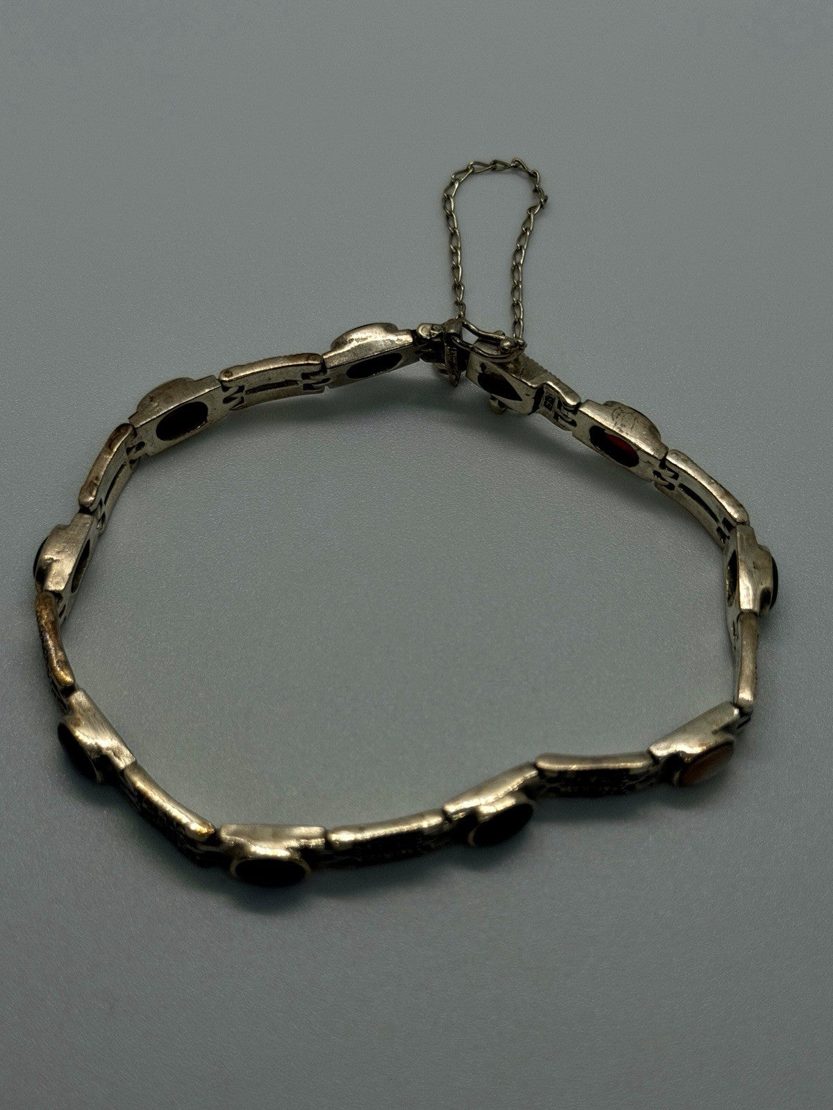 Vintage Marcasite Link Design 925 Sterling Silver MultiStone Bracelet Adjustable