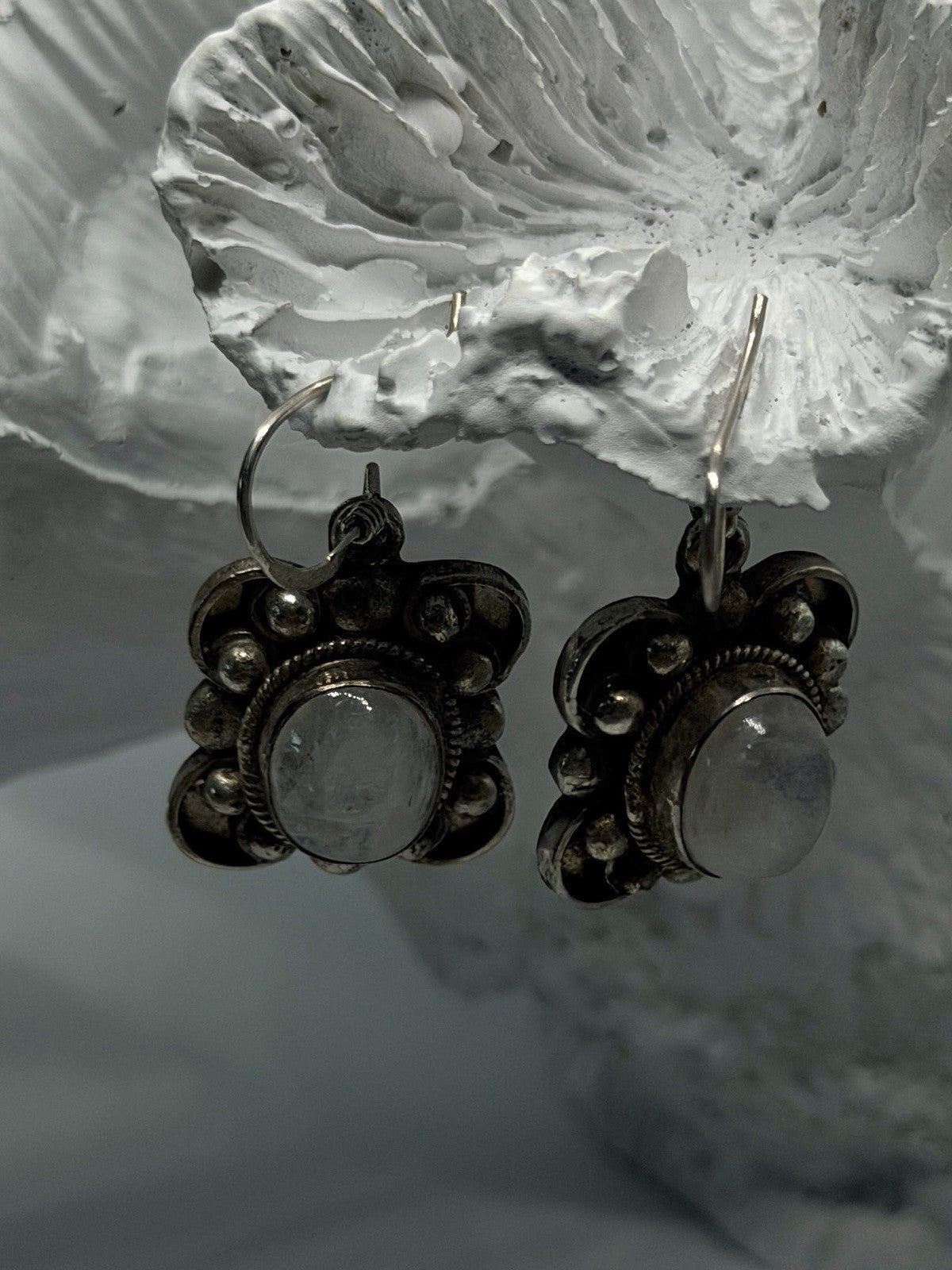 Vintage 925 Sterling Silver Rainbow Moonstone Floral Dangle Earrings