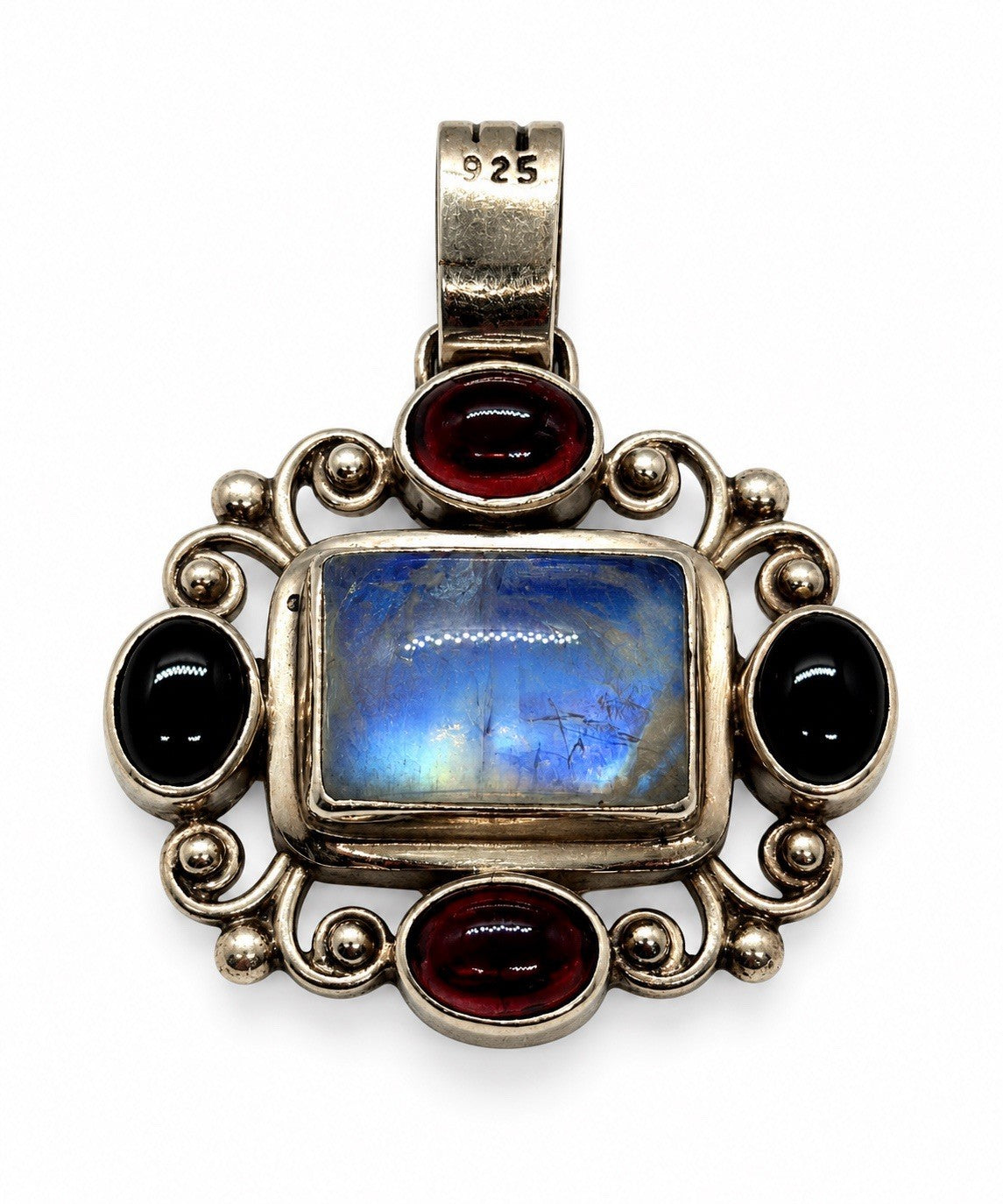 Vintage 925 Sterling Silver Moonstone Garnet & Smoky Quartz Ornate Pendant