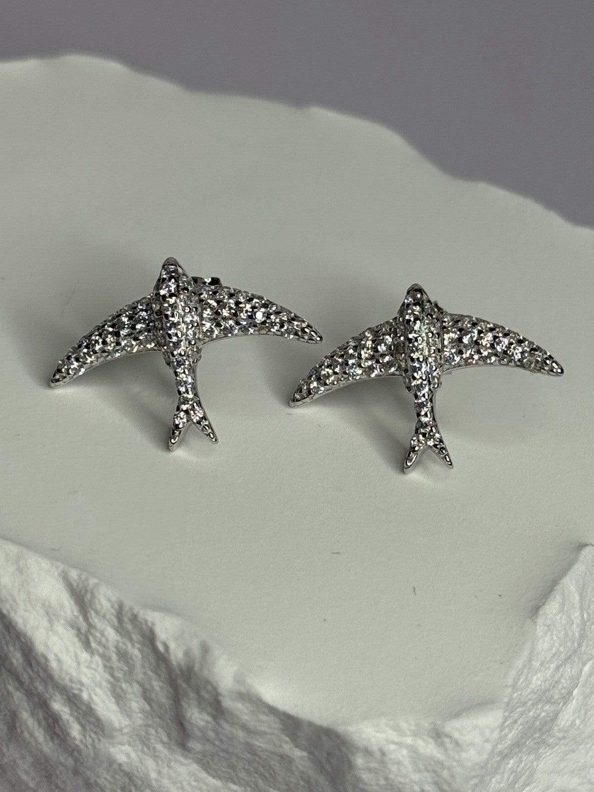 925 Sterling Silver Swallow Stud Earrings CZ Length 0.55 Inch