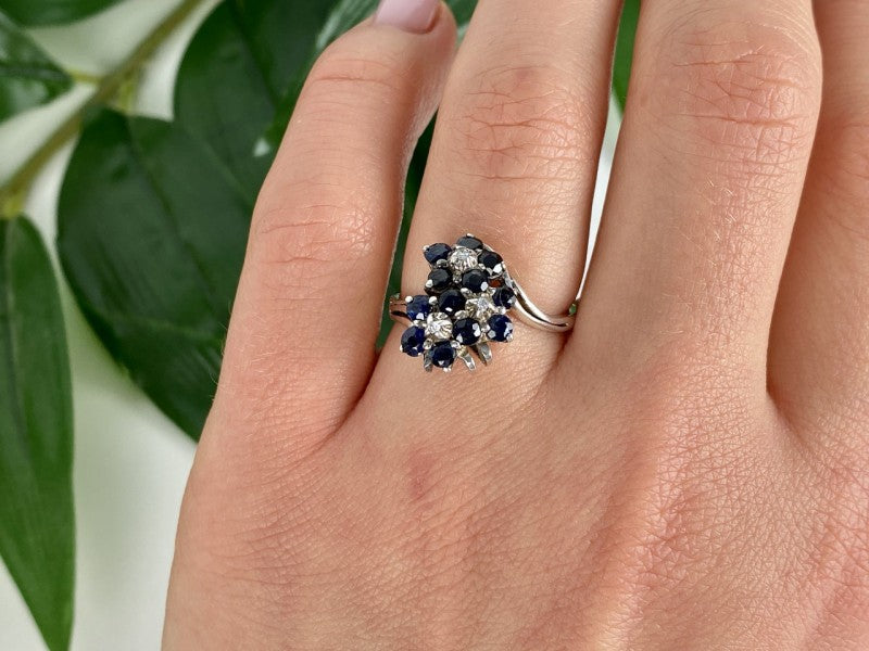 925 Sterling Silver Sapphire & CZ "Flowers" Ring Size 6.75