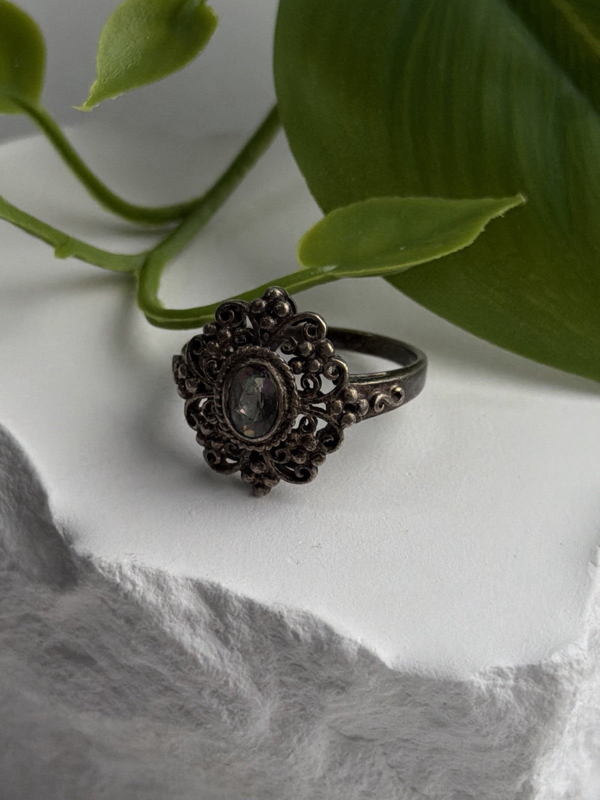 Vintage Filigree 925 Sterling Silver Mystic Topaz Ring Size 7.5