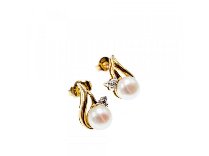 14K Yellow Gold Pearl & Diamonds Earrings