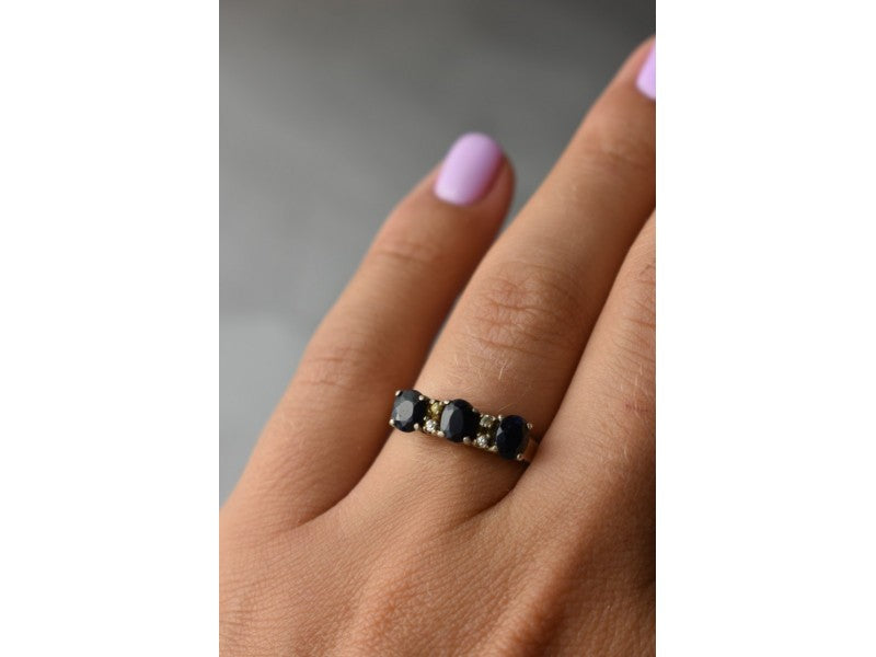 925 Sterling Silver Sapphires & CZ Ring Size 6.5