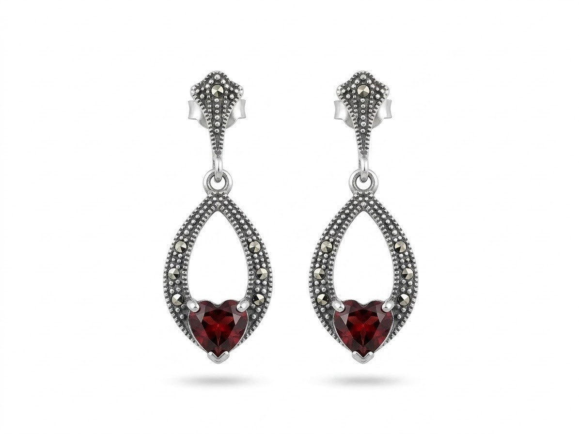 Vintage 925 Sterling Silver Garnet Heart & Marcasite Dangle Drop Earrings