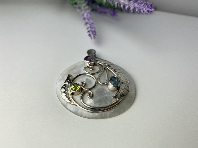 925 Sterling Silver Topaz, Amethyst, Peridot, Mother OF Pearl Pendant
