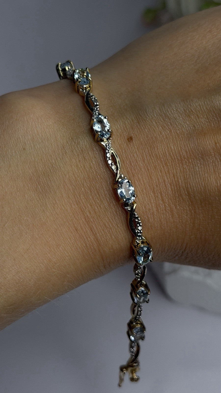925 Sterling Silver Gold Plated Blue Topaz Bracelet Size 7.5