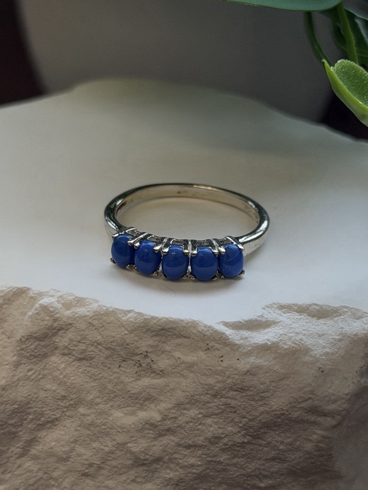 925 Sterling Silver Five Stone Oval Blue Turquoise Ring Size 7