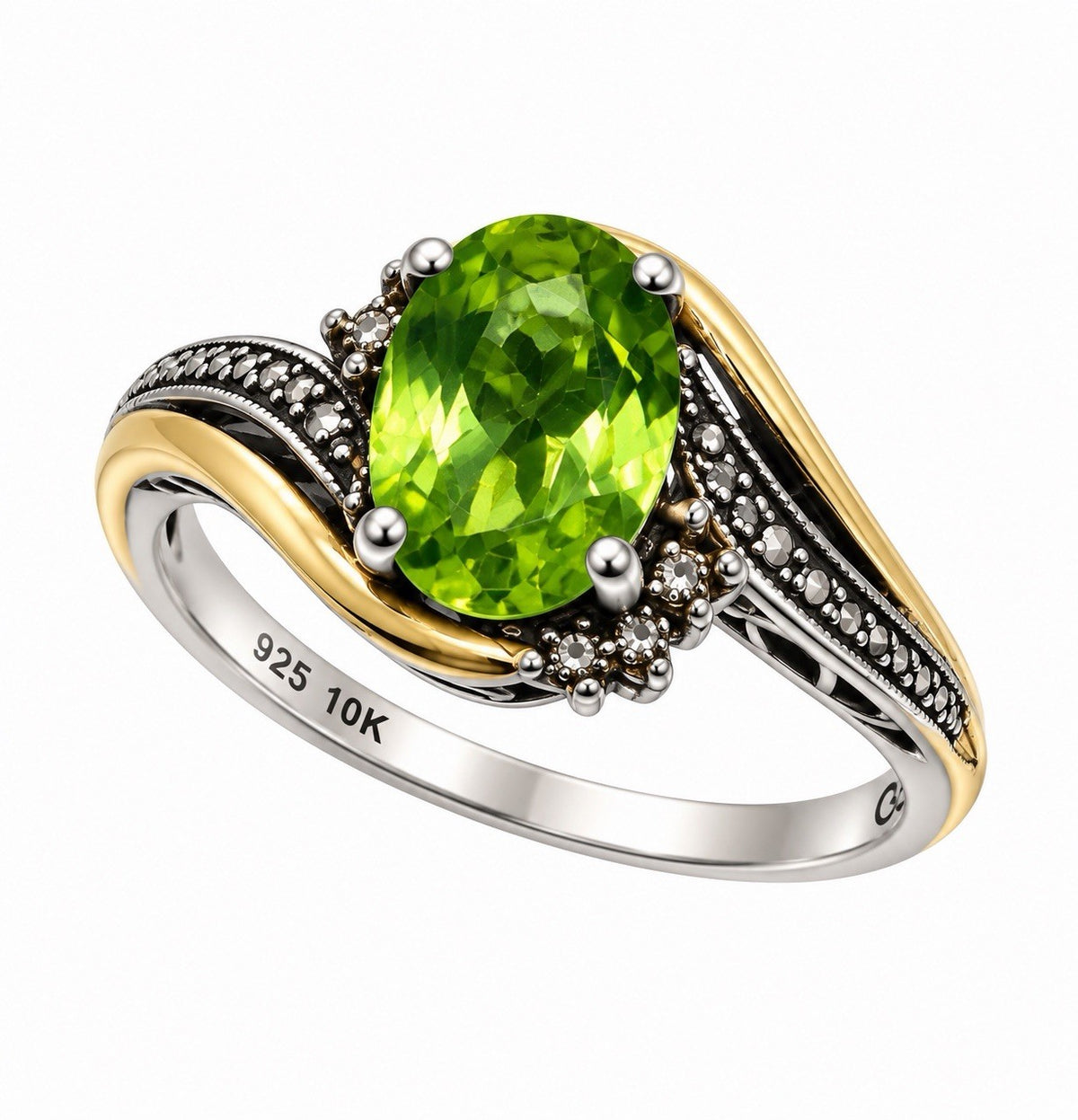 925 Sterling Silver & 10K Gold Plated Peridot & Diamond Ring Size 7