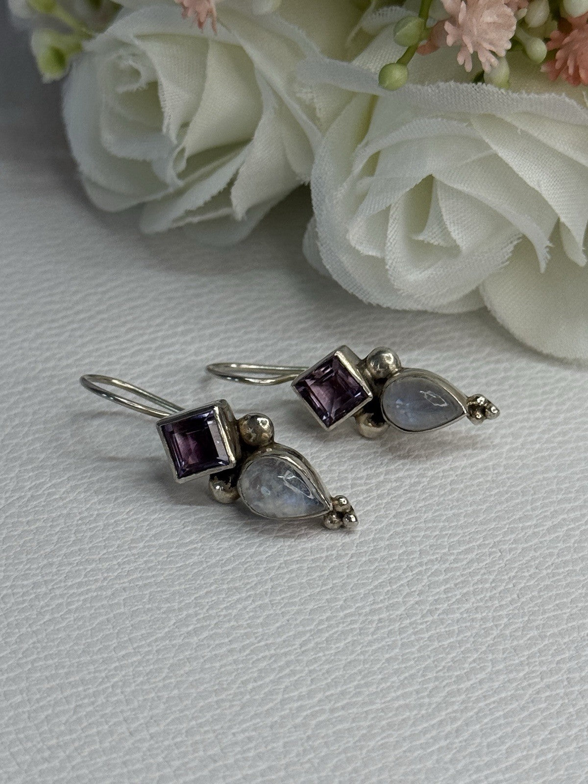 925 Sterling Silver Amethyst & Moonstone Earrings Length 1.30 Inch