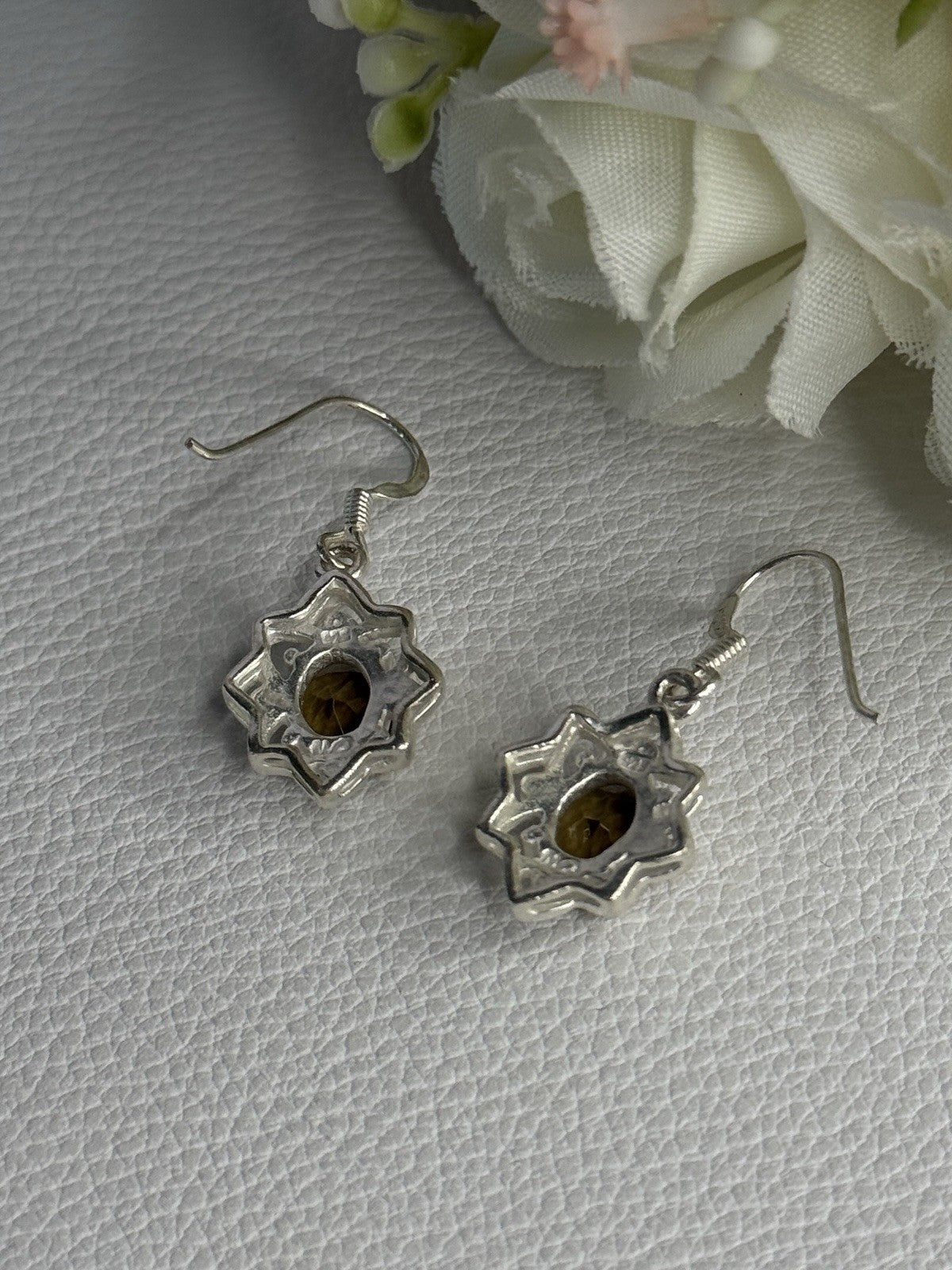 925 Sterling Silver Hessonite & Marcasite Earrings Length 1.10 Inch