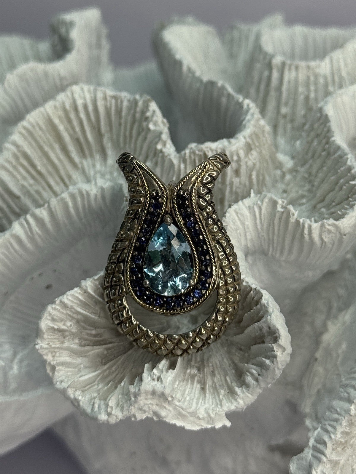 925 Sterling Silver 18k Yellow Gold Topaz & Sapphire Pendant Length 1.3 Inch