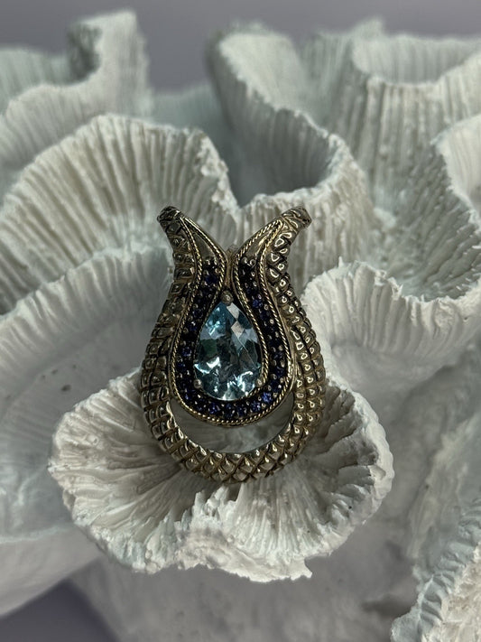 925 Sterling Silver 18k Yellow Gold Topaz & Sapphire Pendant Length 1.3 Inch
