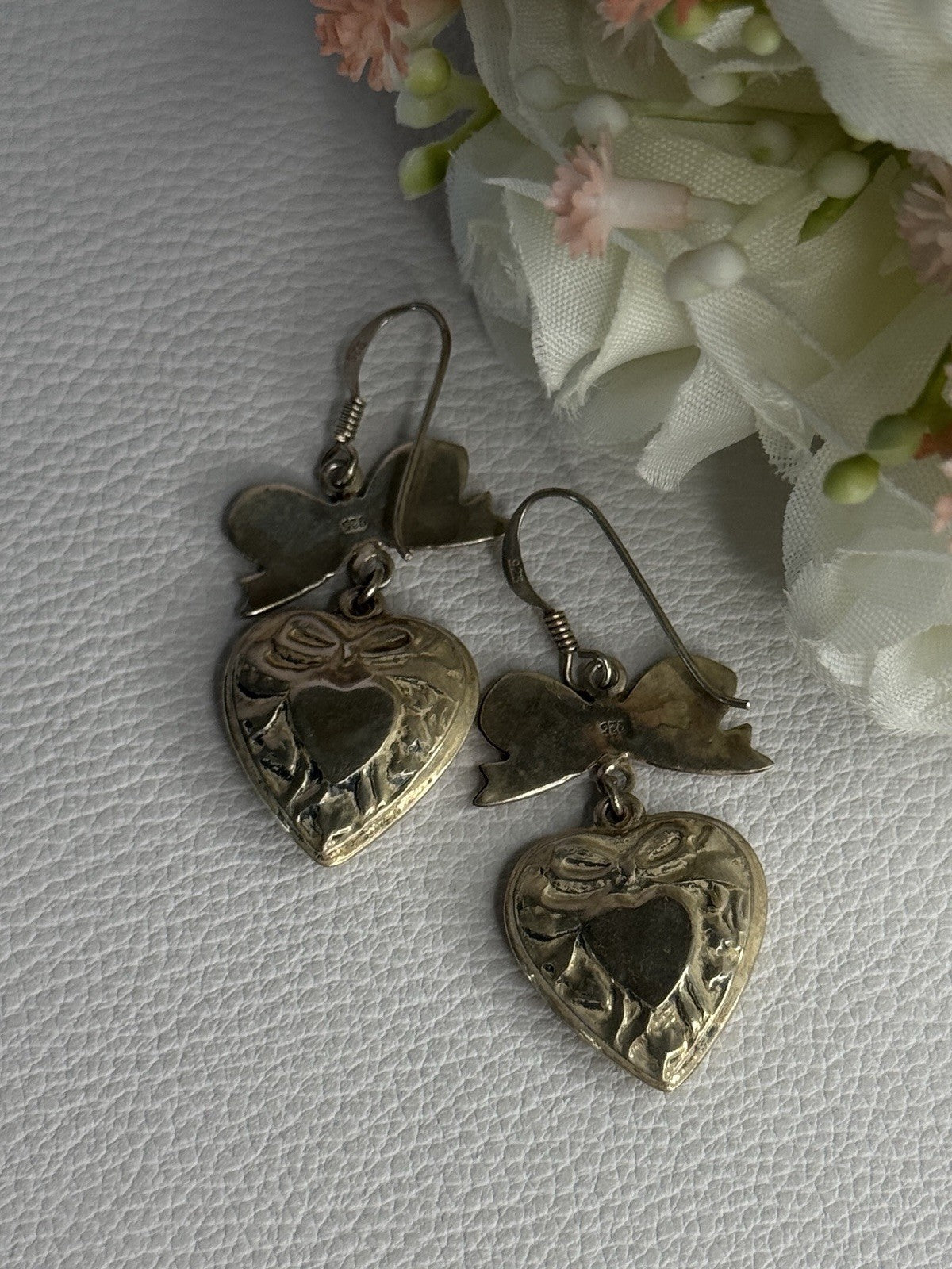 Vintage 925 Sterling Silver Heart Earrings Length 1.70 Inch