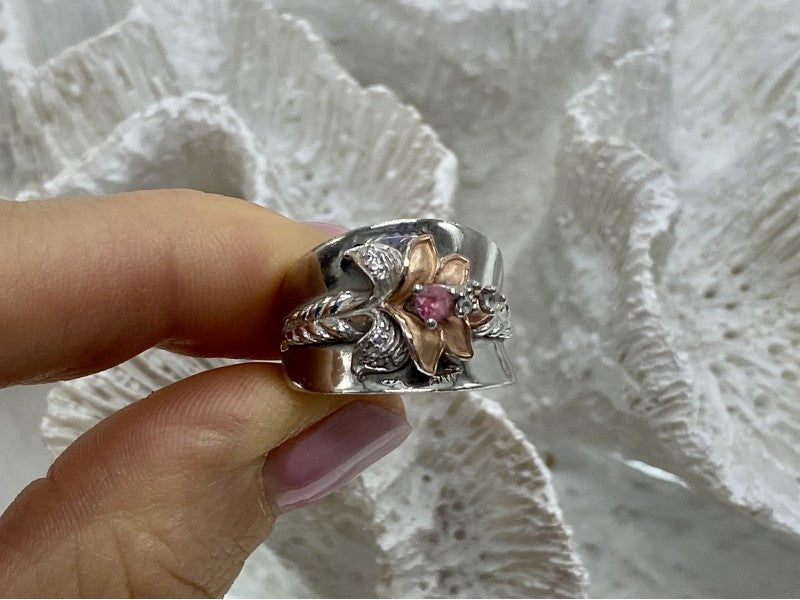 925 Sterling Silver Morganite & Goshenite "Scarlet Flower" Ring Size 5.5