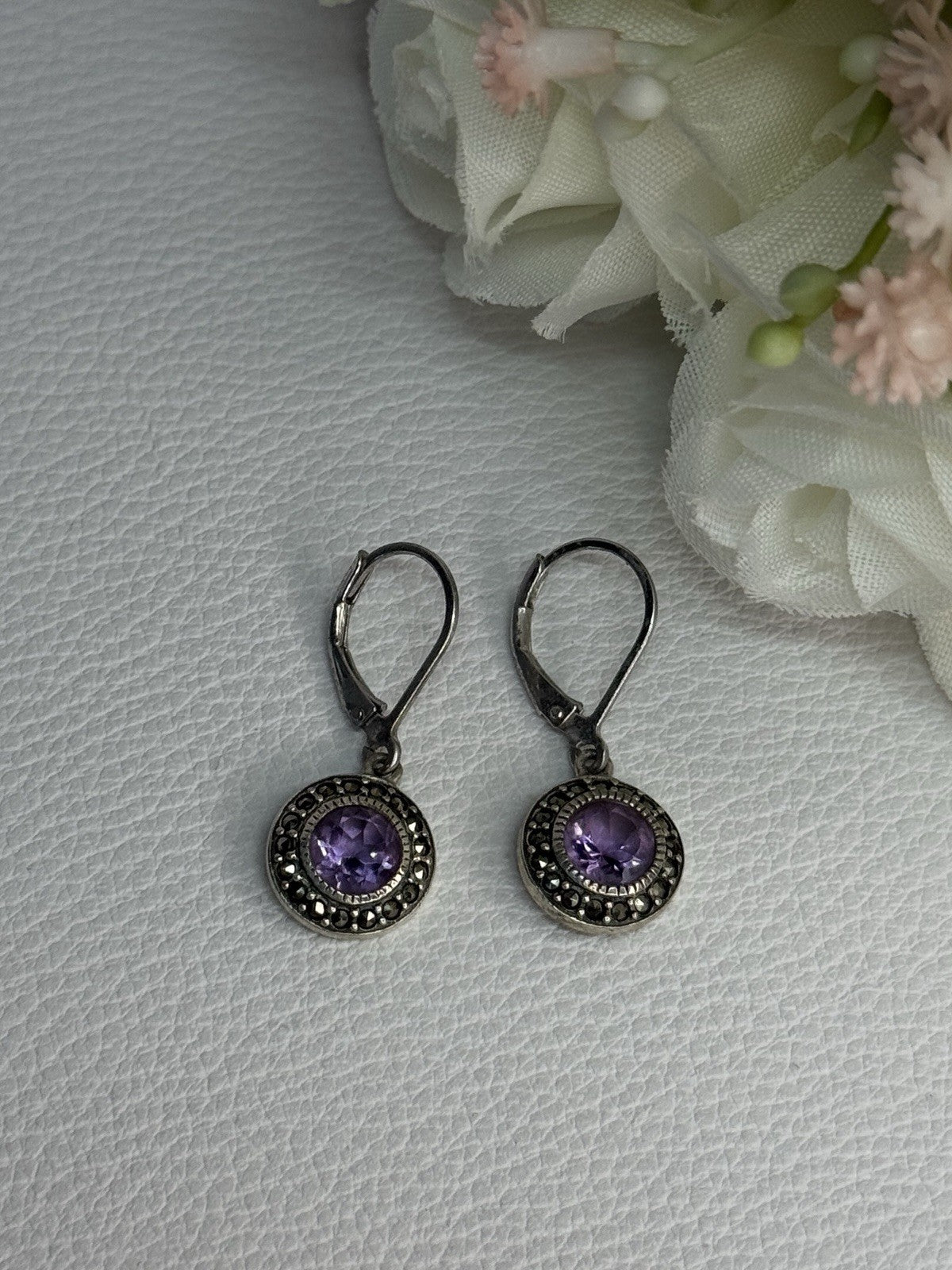 925 Sterling Silver Amethyst & Marcasite Earrings Length 1.12 Inch