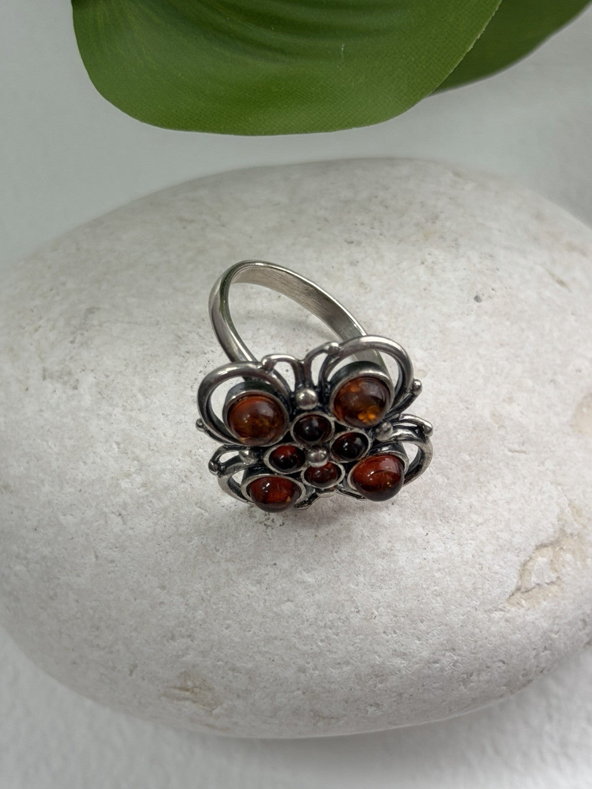 925 Sterling Silver Amber Flower Ring Size 9.5