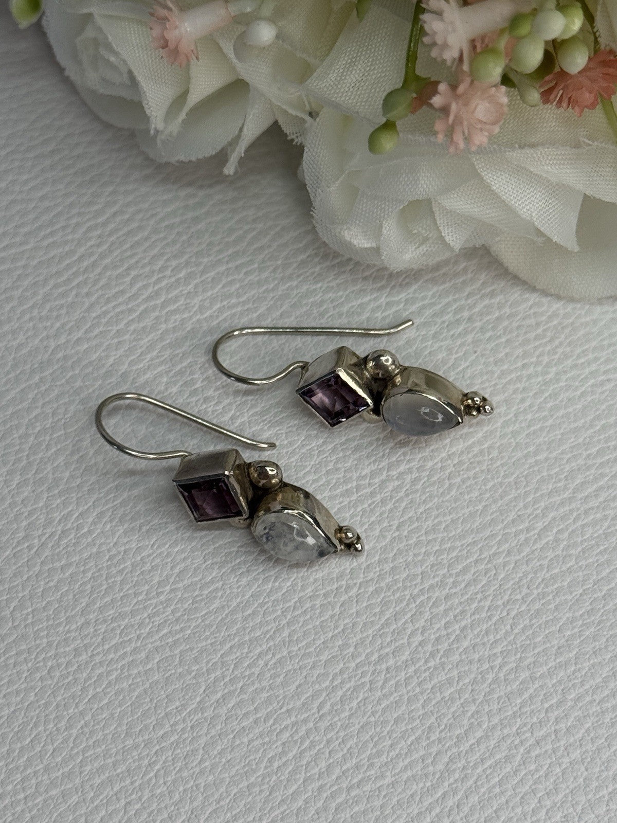 925 Sterling Silver Amethyst & Moonstone Earrings Length 1.30 Inch