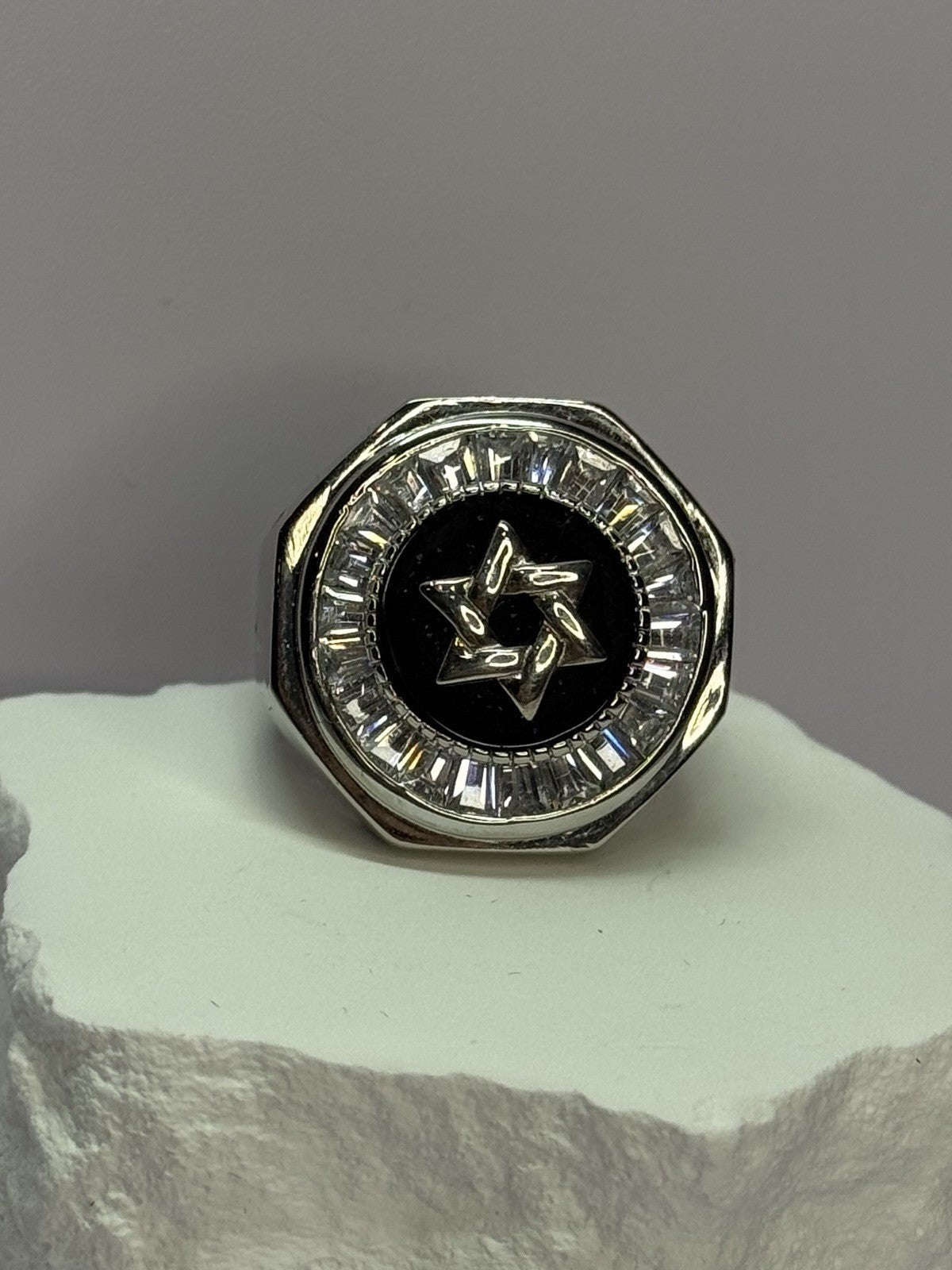 925 Sterling Silver Star of David Onyx & CZ Ring Size 9.5