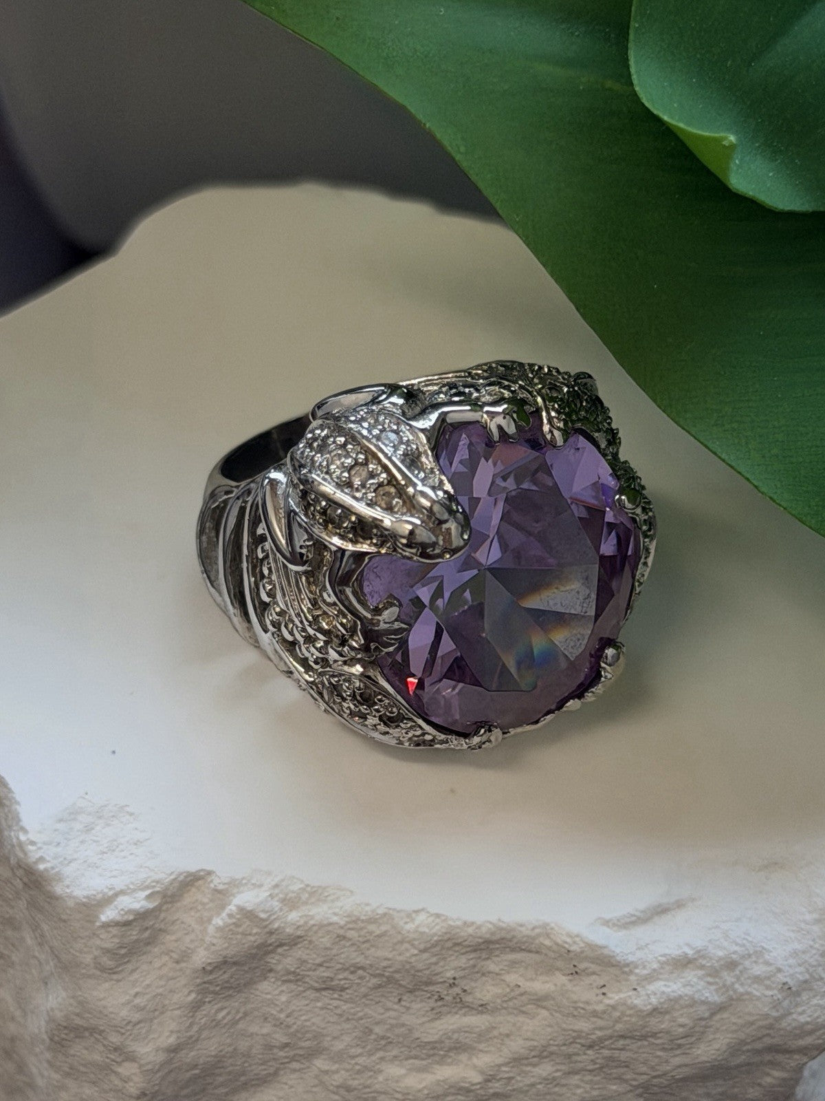 925 Sterling Silver Frog Ring Large Purple Amethyst & White Clear Beryl Size 7