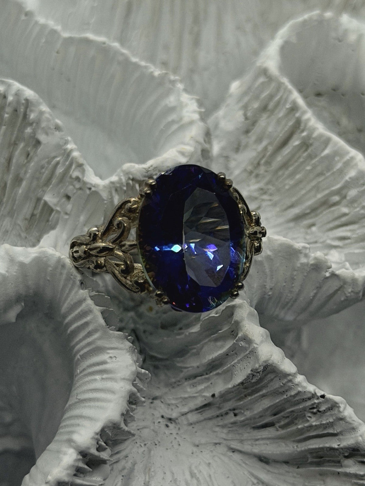 925 Sterling Silver Mystic Topaz Oval Floral Ring Size 8