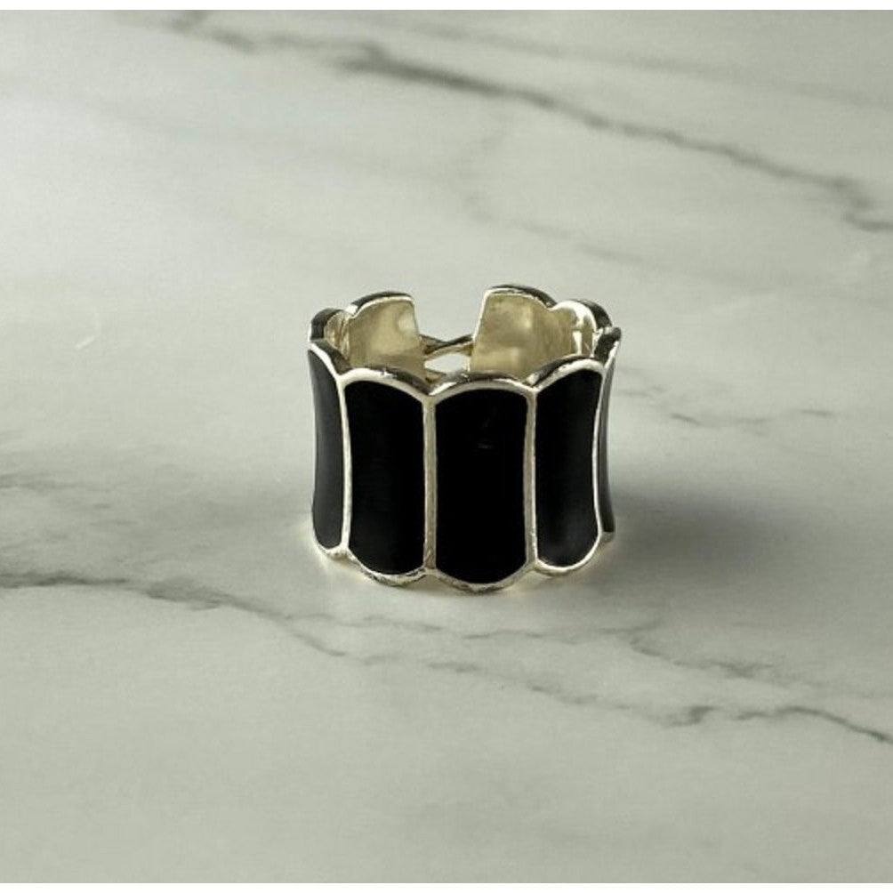 925 Sterling Silver Black Enamel "Corset" Ring Size 7
