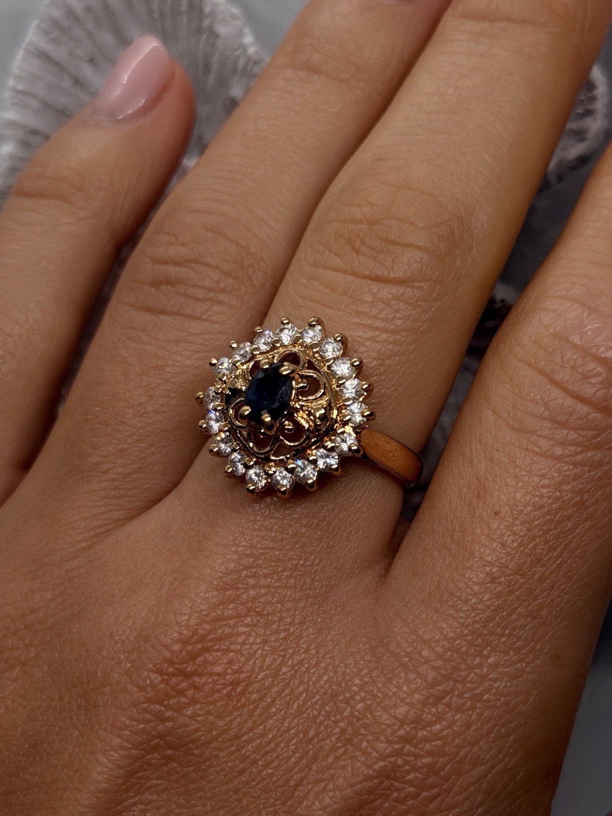 925 Sterling Silver Gold Plated Sapphire & Beryl Stone Ring Size 8