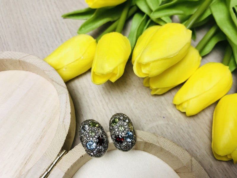 925 Sterling Silver Multi Gemstones Stud Earrings