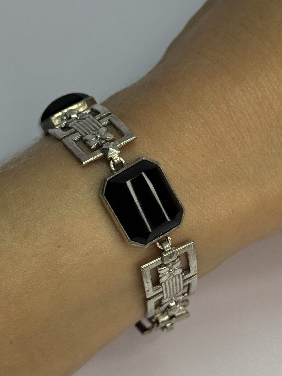 Vintage 925 Sterling Silver Onyx Bracelet Length 7 Inch