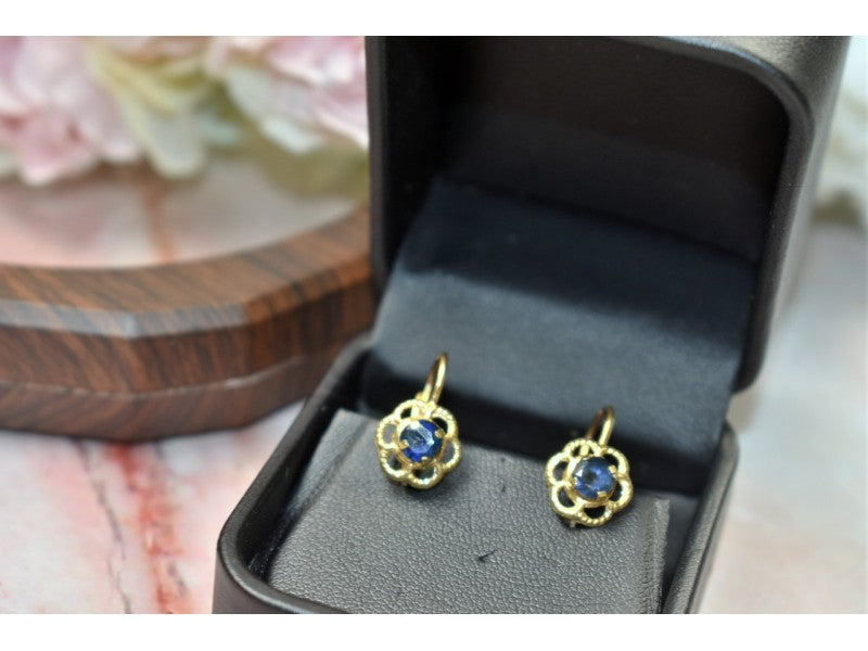 18K Yellow Gold Blue Spinel "Flowers" Earrings Italy