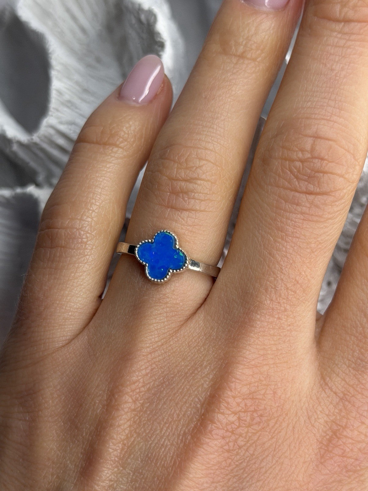 Clover 925 Sterling Silver Blue Simulated Opal Ring Size 7